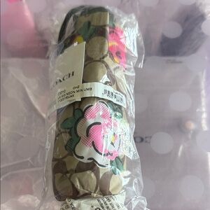 Coach Khaki Signature Umbrella with Neon Pink Floral Accents